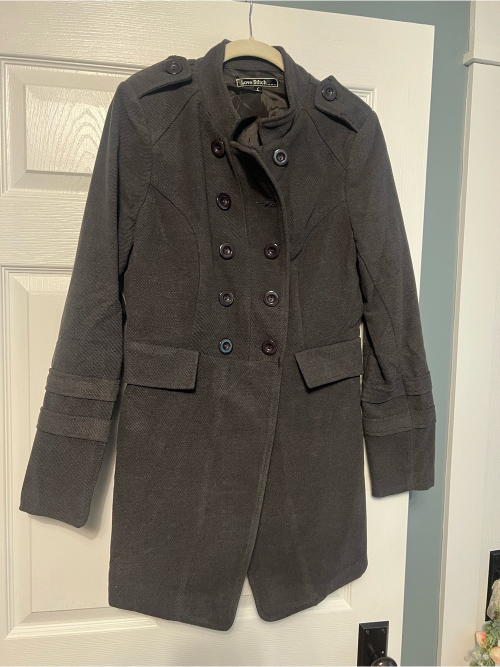 Love Stitch Women's Dark Charcoal Double-Breasted Pea Coat
